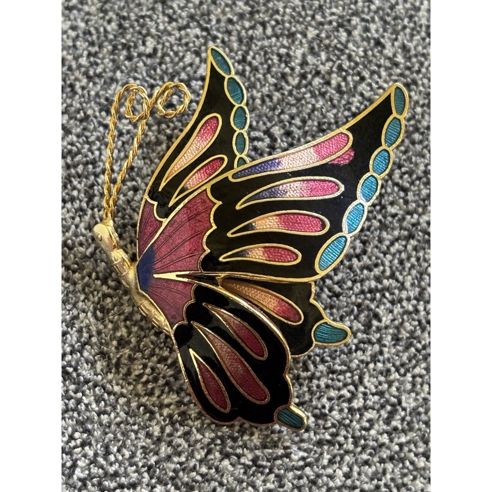 Vintage Cloisonne Butterfly Brooch Enamel Gold Tone Pink Teal Black Wing Pin